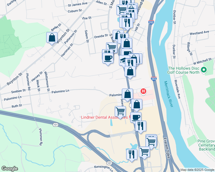 map of restaurants, bars, coffee shops, grocery stores, and more near 82 Palomino Lane in Bedford