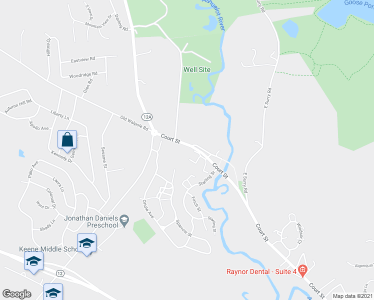 map of restaurants, bars, coffee shops, grocery stores, and more near 828 Court Street in Keene