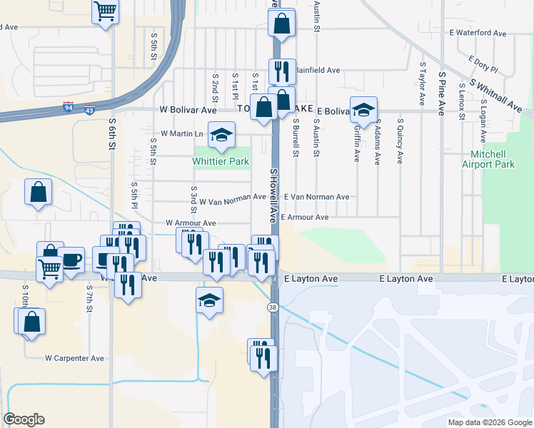 map of restaurants, bars, coffee shops, grocery stores, and more near 4562 South 1st Street in Milwaukee