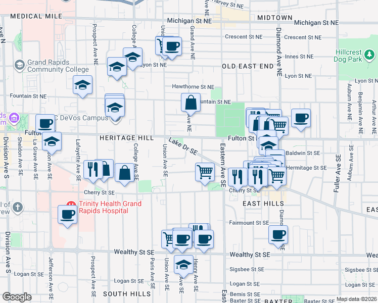 map of restaurants, bars, coffee shops, grocery stores, and more near 658 Lake Drive Southeast in Grand Rapids