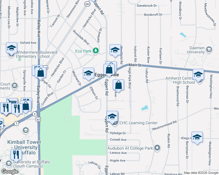 map of restaurants, bars, coffee shops, grocery stores, and more near 1218 Eggert Road in Buffalo