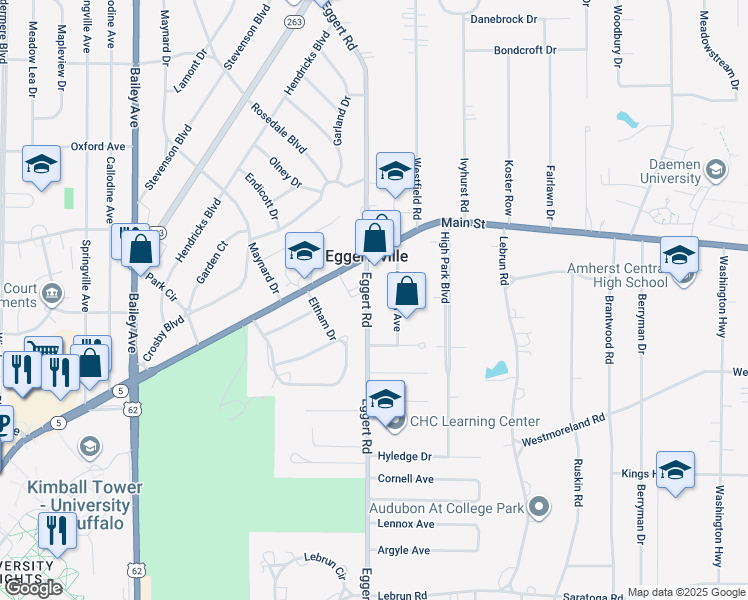 map of restaurants, bars, coffee shops, grocery stores, and more near 1218 Eggert Road in Buffalo