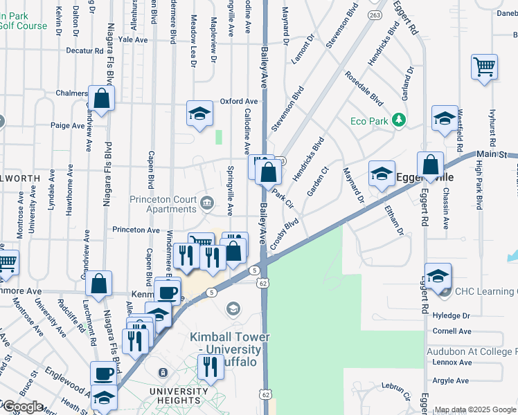 map of restaurants, bars, coffee shops, grocery stores, and more near 85 Callodine Avenue in Buffalo