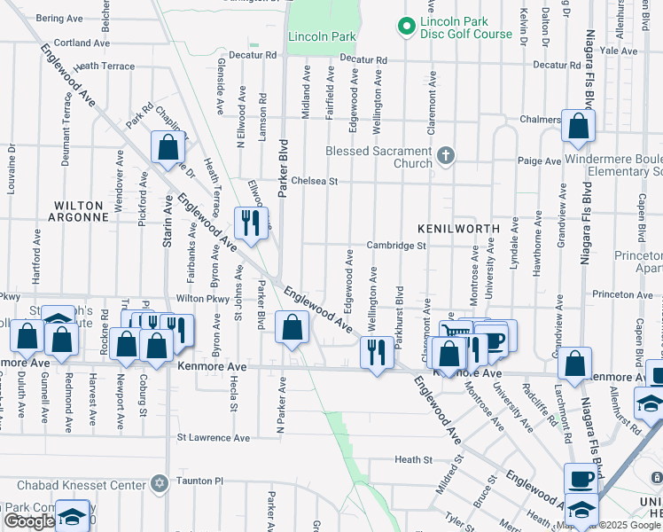 map of restaurants, bars, coffee shops, grocery stores, and more near 64 Edgewood Avenue in Buffalo
