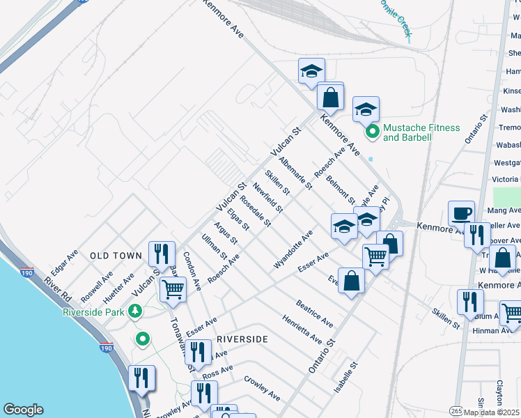 map of restaurants, bars, coffee shops, grocery stores, and more near 254 Roesch Avenue in Buffalo