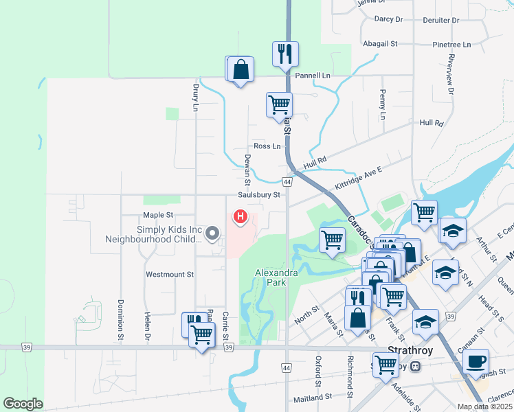 map of restaurants, bars, coffee shops, grocery stores, and more near 428 Victoria Lane in Strathroy