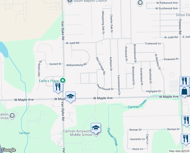 map of restaurants, bars, coffee shops, grocery stores, and more near 1411 Peachwood Drive in Flint