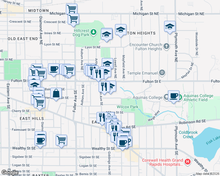 map of restaurants, bars, coffee shops, grocery stores, and more near 1429 Wilcox Park Drive Southeast in Grand Rapids