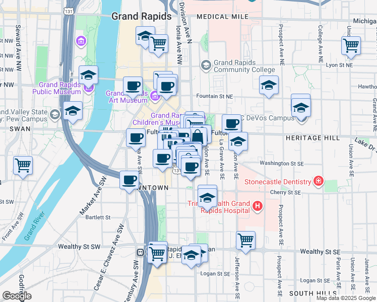 map of restaurants, bars, coffee shops, grocery stores, and more near 69 Division Avenue South in Grand Rapids