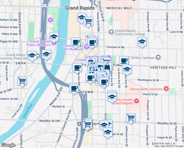 map of restaurants, bars, coffee shops, grocery stores, and more near 44 Ionia Avenue Southwest in Grand Rapids