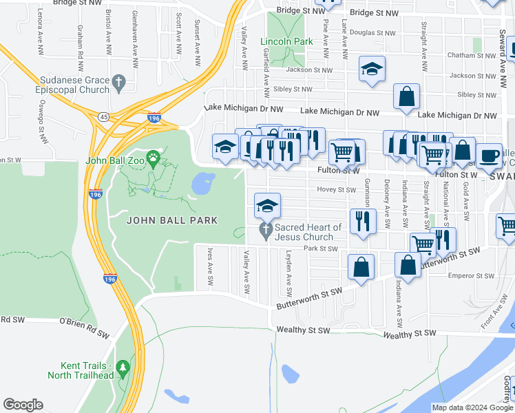 map of restaurants, bars, coffee shops, grocery stores, and more near 1217 Dayton Street Southwest in Grand Rapids
