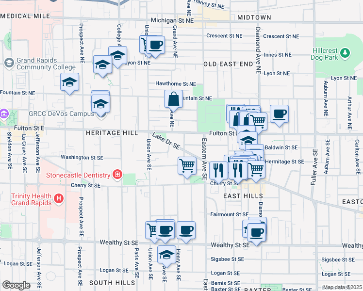 map of restaurants, bars, coffee shops, grocery stores, and more near 47 Packard Avenue Southeast in Grand Rapids