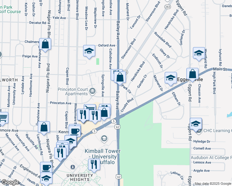 map of restaurants, bars, coffee shops, grocery stores, and more near 85 Callodine Avenue in Buffalo