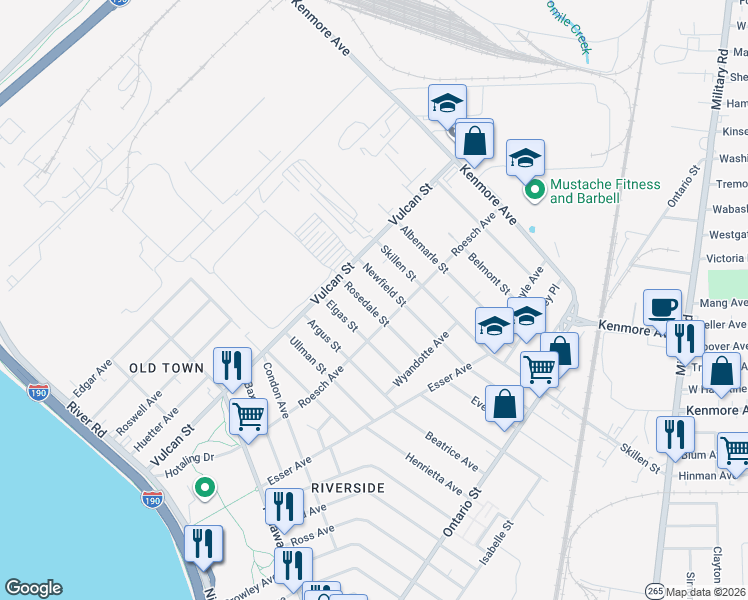 map of restaurants, bars, coffee shops, grocery stores, and more near 254 Roesch Avenue in Buffalo