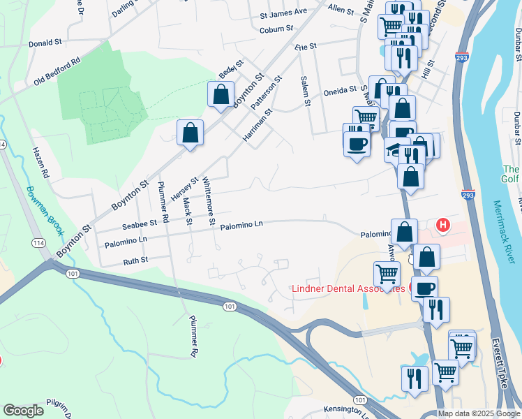 map of restaurants, bars, coffee shops, grocery stores, and more near 82 Palomino Lane in Bedford