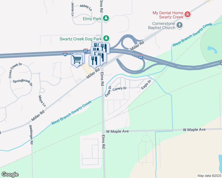 map of restaurants, bars, coffee shops, grocery stores, and more near 34 Eagle Drive in Swartz Creek
