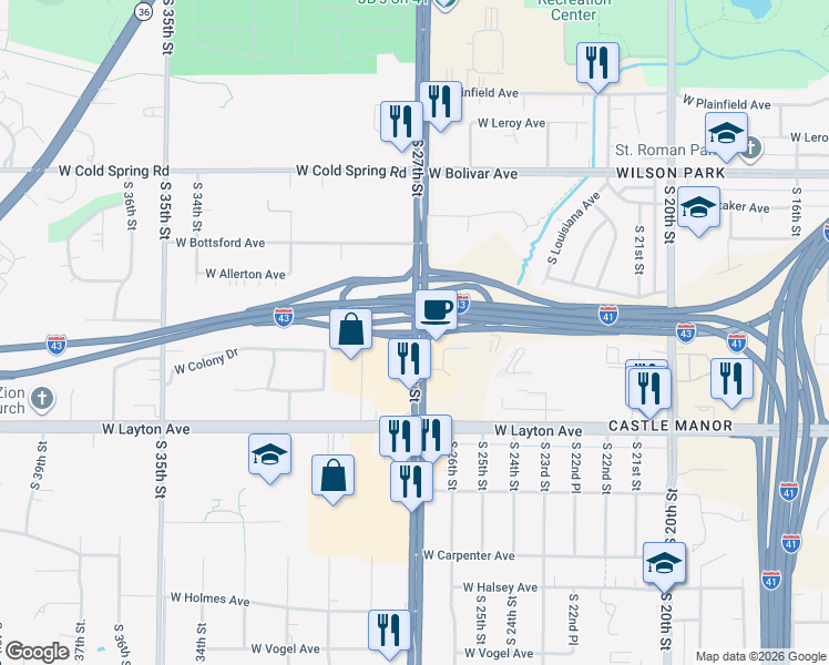 map of restaurants, bars, coffee shops, grocery stores, and more near South 27th Street in Milwaukee