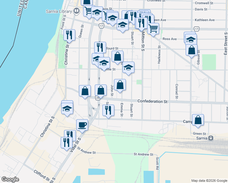 map of restaurants, bars, coffee shops, grocery stores, and more near 166 John Street in Sarnia