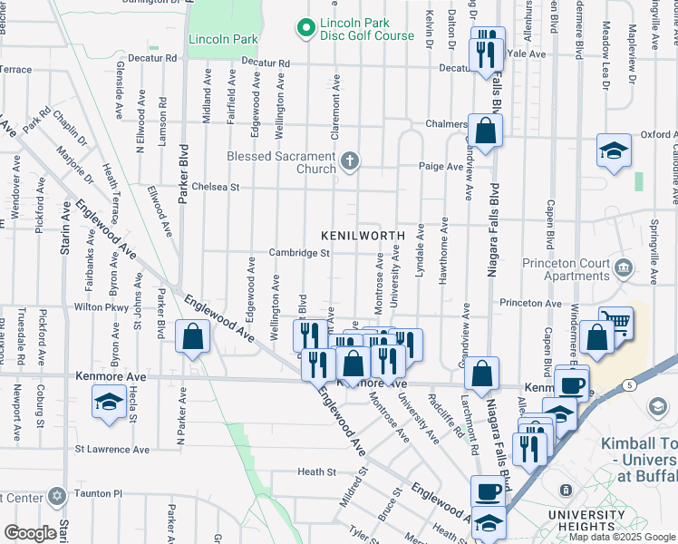 map of restaurants, bars, coffee shops, grocery stores, and more near 113 Claremont Avenue in Buffalo