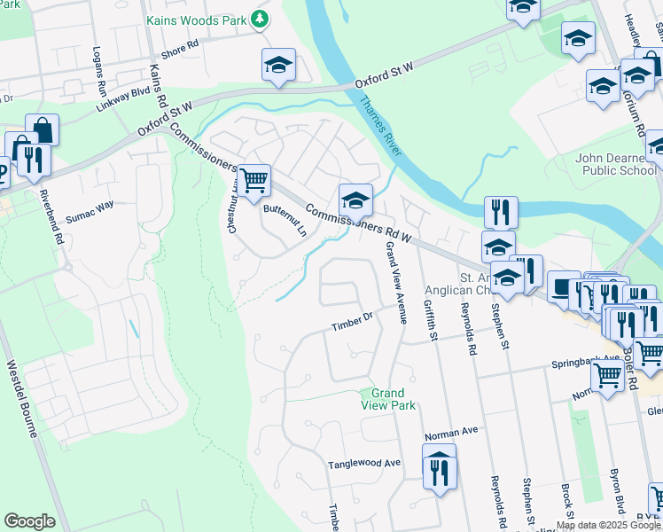 map of restaurants, bars, coffee shops, grocery stores, and more near 73 Springfield Crescent in London