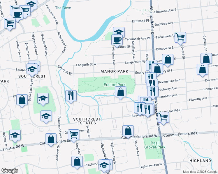 map of restaurants, bars, coffee shops, grocery stores, and more near 90 Mackay Avenue in London