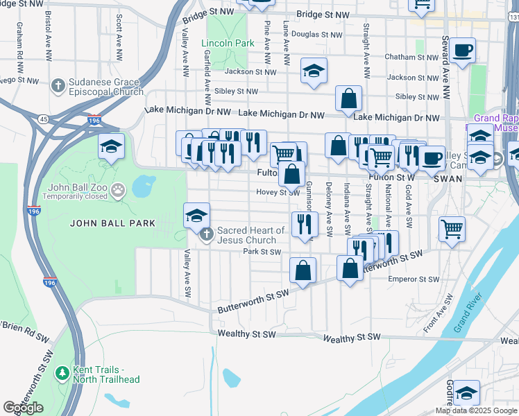 map of restaurants, bars, coffee shops, grocery stores, and more near 1026 Watson Street Southwest in Grand Rapids