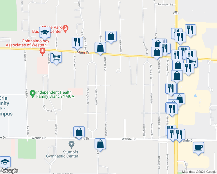 map of restaurants, bars, coffee shops, grocery stores, and more near 152 Oakwood Drive in Buffalo