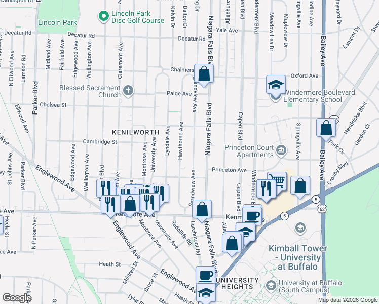 map of restaurants, bars, coffee shops, grocery stores, and more near 114 Grandview Avenue in Buffalo