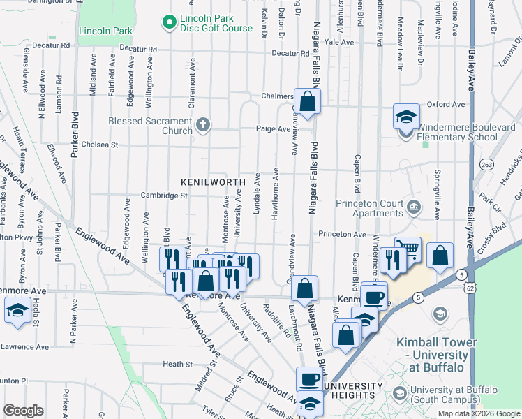 map of restaurants, bars, coffee shops, grocery stores, and more near 116 Hawthorne Avenue in Buffalo