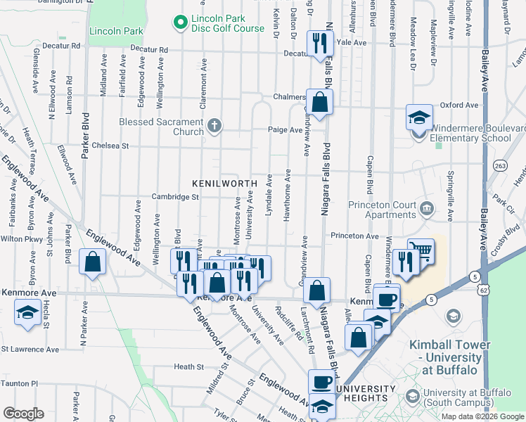 map of restaurants, bars, coffee shops, grocery stores, and more near 343 University Avenue in Buffalo
