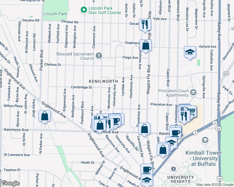 map of restaurants, bars, coffee shops, grocery stores, and more near 343 University Avenue in Buffalo