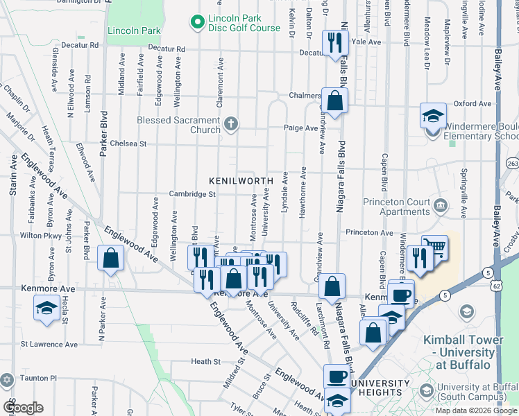 map of restaurants, bars, coffee shops, grocery stores, and more near 343 University Avenue in Buffalo