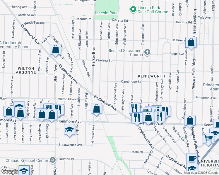 map of restaurants, bars, coffee shops, grocery stores, and more near 64 Edgewood Avenue in Buffalo