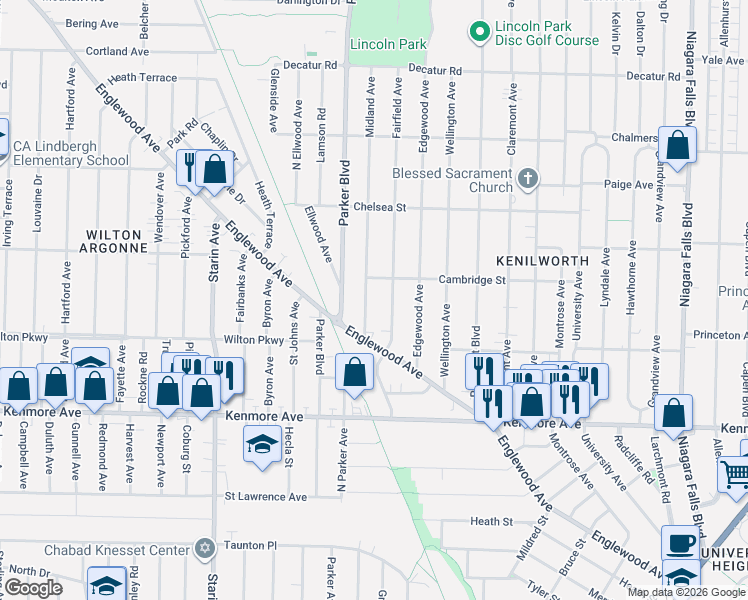 map of restaurants, bars, coffee shops, grocery stores, and more near 19 Midland Avenue in Buffalo