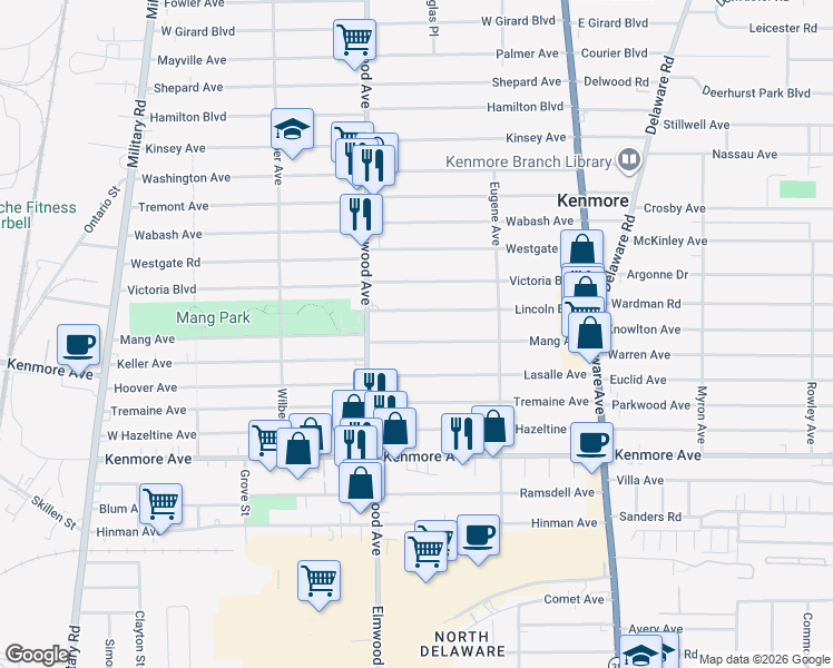 map of restaurants, bars, coffee shops, grocery stores, and more near 200 Mang Avenue in Buffalo