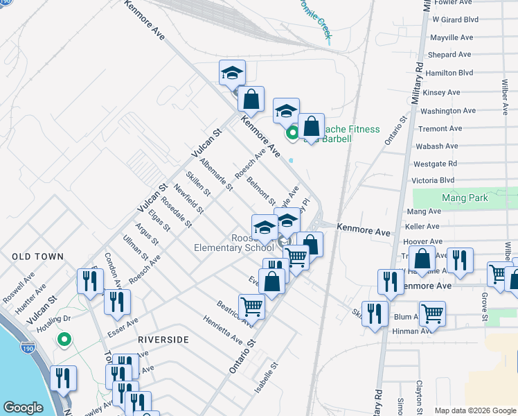 map of restaurants, bars, coffee shops, grocery stores, and more near 40 Doyle Avenue in Buffalo