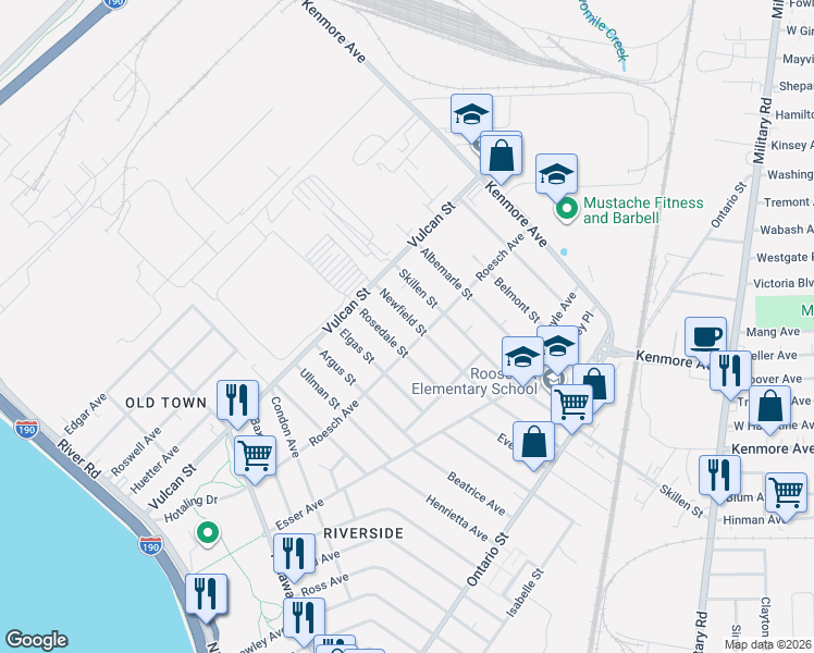 map of restaurants, bars, coffee shops, grocery stores, and more near 254 Roesch Avenue in Buffalo
