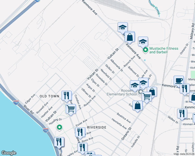 map of restaurants, bars, coffee shops, grocery stores, and more near 85 Elgas Street in Buffalo
