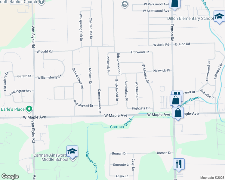 map of restaurants, bars, coffee shops, grocery stores, and more near 4451 Cherrytree Lane in Flint