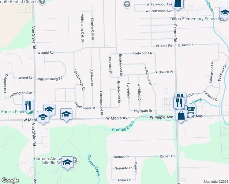 map of restaurants, bars, coffee shops, grocery stores, and more near 4451 Cherrytree Lane in Flint