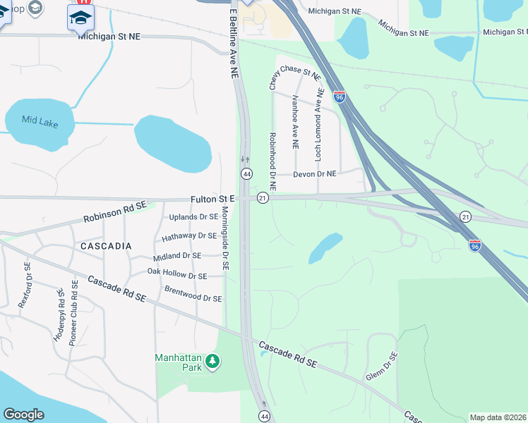 map of restaurants, bars, coffee shops, grocery stores, and more near 41 Robinhood Drive Northeast in Grand Rapids