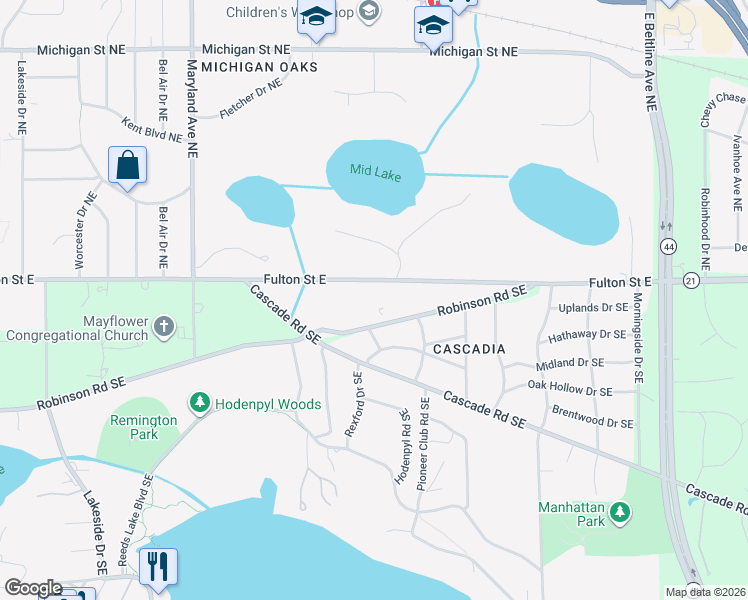 map of restaurants, bars, coffee shops, grocery stores, and more near 2706 Robinson Road Southeast in Grand Rapids