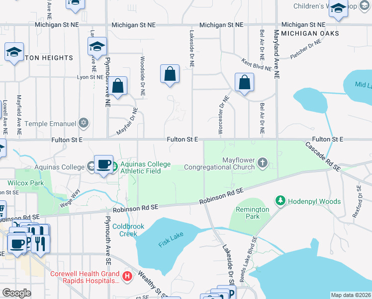 map of restaurants, bars, coffee shops, grocery stores, and more near 45 Lakeside Drive Northeast in Grand Rapids