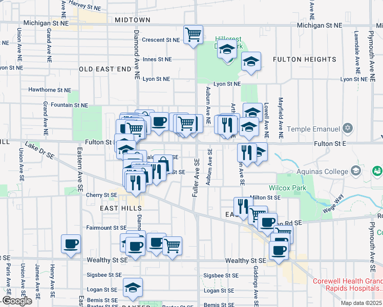 map of restaurants, bars, coffee shops, grocery stores, and more near 46 Fuller Avenue Southeast in Grand Rapids