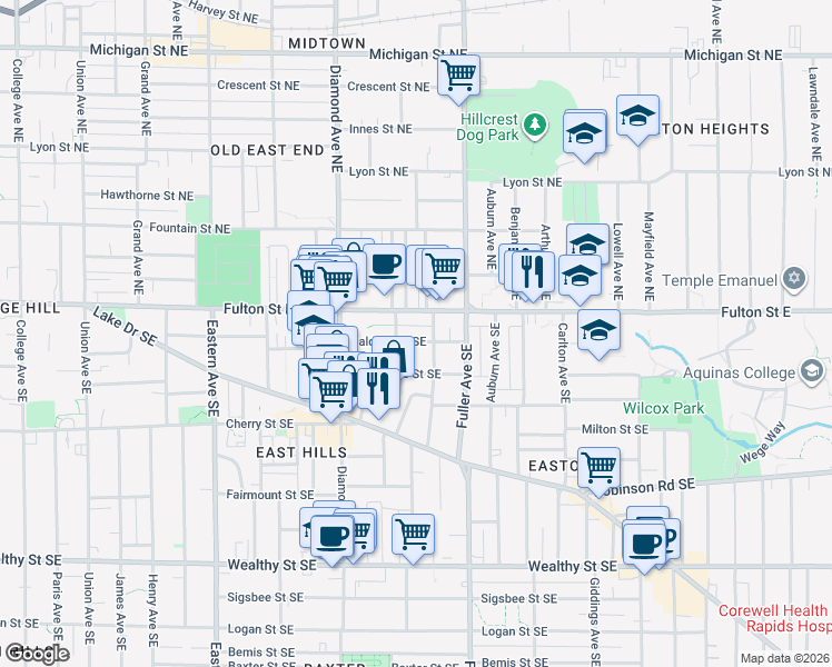 map of restaurants, bars, coffee shops, grocery stores, and more near 45 Fitzhugh Avenue Southeast in Grand Rapids