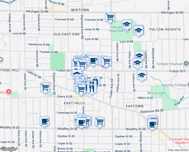 map of restaurants, bars, coffee shops, grocery stores, and more near 41 Dennis Avenue Southeast in Grand Rapids