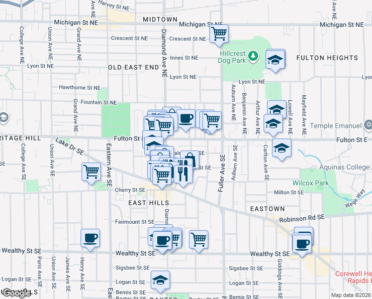 map of restaurants, bars, coffee shops, grocery stores, and more near 41 Dennis Avenue Southeast in Grand Rapids