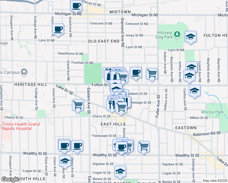 map of restaurants, bars, coffee shops, grocery stores, and more near 940 Baldwin Street Southeast in Grand Rapids