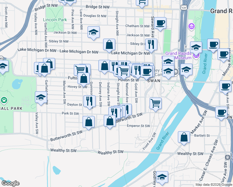 map of restaurants, bars, coffee shops, grocery stores, and more near 101 Straight Avenue Northwest in Grand Rapids