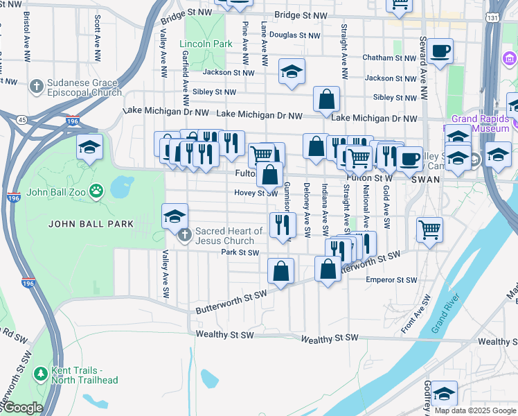 map of restaurants, bars, coffee shops, grocery stores, and more near 1026 Watson Street Southwest in Grand Rapids